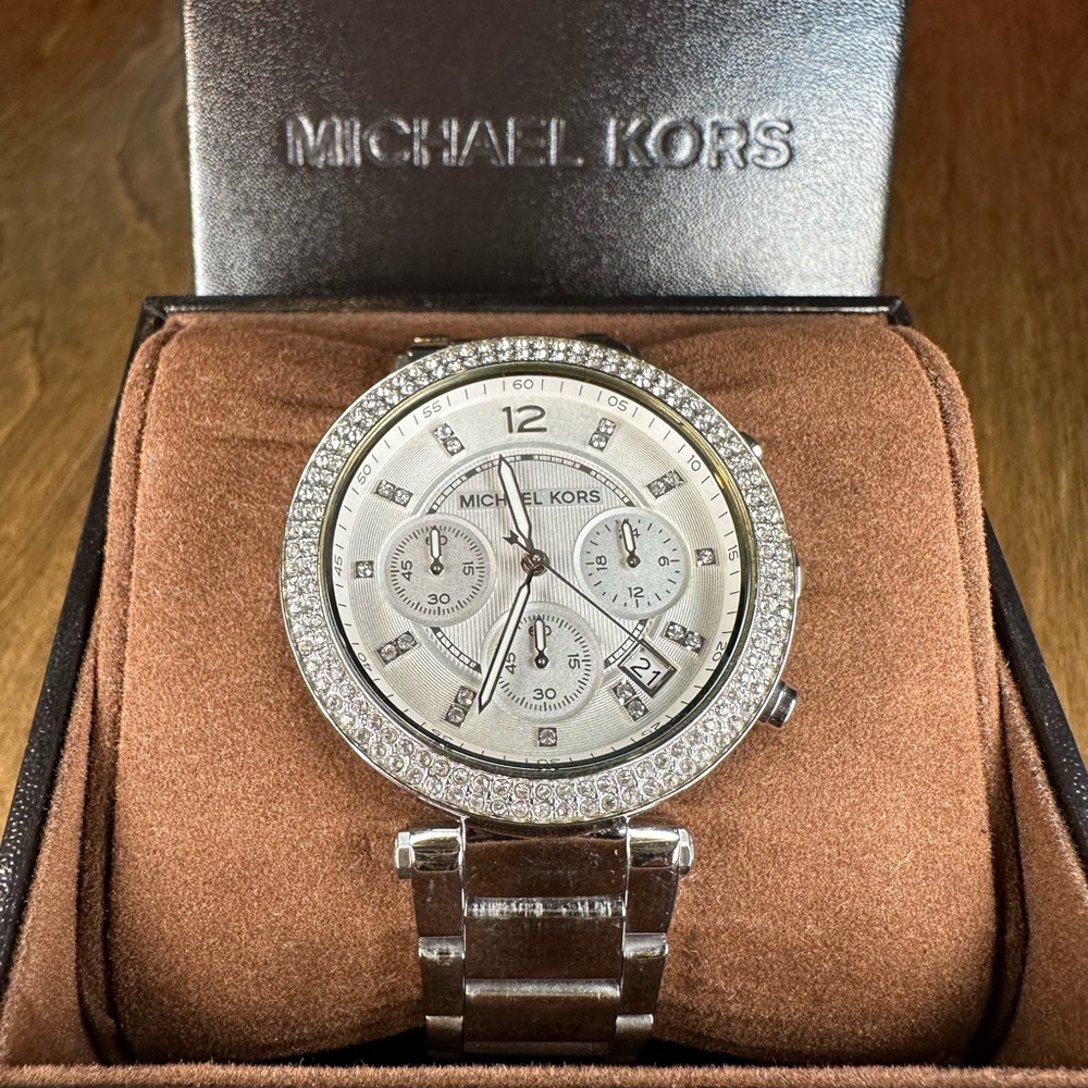 Michael Kors Silver Chronograph Watch with Crystal Bezel